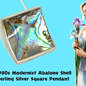 1980s Abalone Shell Pendant Modernist Sterling Silver Square Pendant