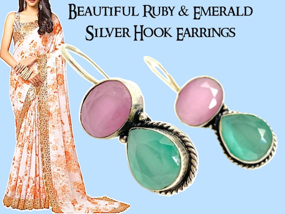 Ruby & Emerald 925 Silver Earrings - Indian Gemst… - image 1