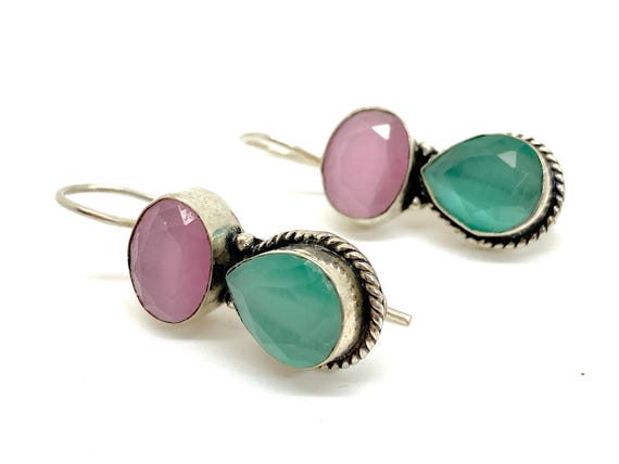 Ruby & Emerald 925 Silver Earrings - Indian Gemst… - image 8