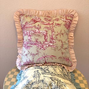 Genuine handmade French Toile pillow cover in pink and taupe 16x16&quot; (40.5x40.5cm.) with cherub pink ruffle for a baroque shabby chic look