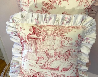 Funda de almohada Toile de Jouy hecha a mano, con volante floral rojo, estilo rústico francés.