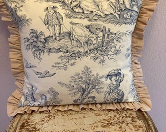 Funda de almohada Toile de Jouy hecha a mano, estilo rústico francés azul, 40,6 x 40,6 cm