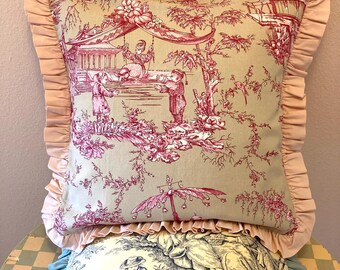 Handmade French Toile Pillow Cover, Pink Ruffle, Shabby Chic (16x16" )