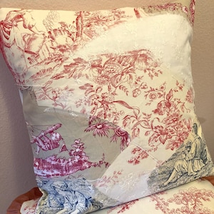 Handmade Toile de Jouy Pillow Cover, Vintage Silk Lace Patchwork