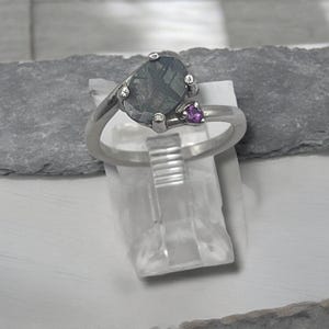 May include: A silver-toned ring featuring a large, oval-shaped dark grey stone with a visible cross-hatched pattern, accented by a single small, round, vibrant purple gemstone set on the band next to the larger stone in a prong setting.