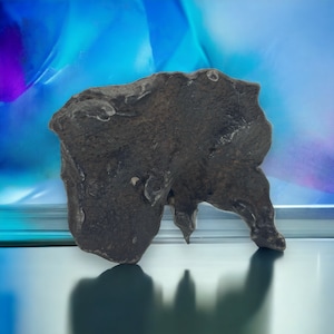 May include: A dark, irregularly shaped, possibly metallic object with a rough, textured surface. The object has a dark brown color and appears to be a unique, possibly handcrafted item. The object's shape is abstract and organic, with a few small, lighter-colored spots.
