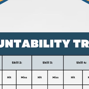 Könnte beinhalten: Ein blauer und weißer Verantwortlichkeits-Tracker mit dem Titel "ACCOUNTABILITY TRACKER" oben. Der Tracker hat Spalten für "Datum", "Fähigkeit 1", "Fähigkeit 2", "Fähigkeit 3", "Fähigkeit 4" und "Fähigkeit 5". Jede Fähigkeitsspalte hat zwei Zeilen mit den Bezeichnungen "Treffer" und "Verpasst".