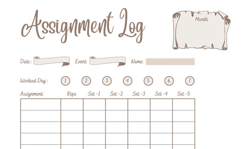 Pode incluir: Um log de tarefas imprim&iacute;vel com um design de pergaminho marrom. O log inclui se&ccedil;&otilde;es para data, evento, nome, dia de treino, tarefa, repeti&ccedil;&otilde;es e s&eacute;ries.