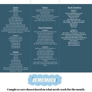May include: A colorful chart with the title "Floor Complex" lists gymnastics exercises for different skill levels. The chart is divided into sections for "Leaps", "Turns", "Front Tumbling", "Back Tumbling", and "Jumps". Each section lists a series of exercises with descriptions and instructions.