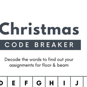 Puede incluir: Un juego de descifrado de código de Navidad con una ilustración de Papá Noel. Descifra las palabras para averiguar tus asignaciones para el piso y la viga. Las letras A a M están enumeradas debajo de las palabras.