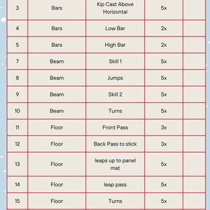 以下が含まれることがあります： クリスマスヒット＆ゲット承認チャートには、18種類の体操イベントとその対応する割り当て、実行回数、コーチの署名スペースが記載されています。チャートは、赤と白のキャンディーケーンの境界線のある青い背景にあります。