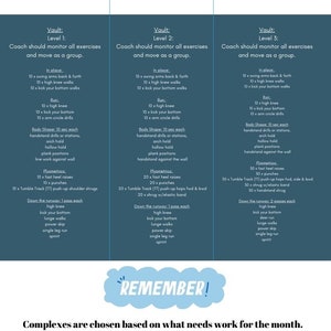 May include: A blue and white chart with the title "Vault Complex" and instructions for three levels of vaulting exercises. The chart includes a list of exercises to perform in place, while running, and plyometrics. The chart also includes a reminder to be consistent and repetitive with the exercises.