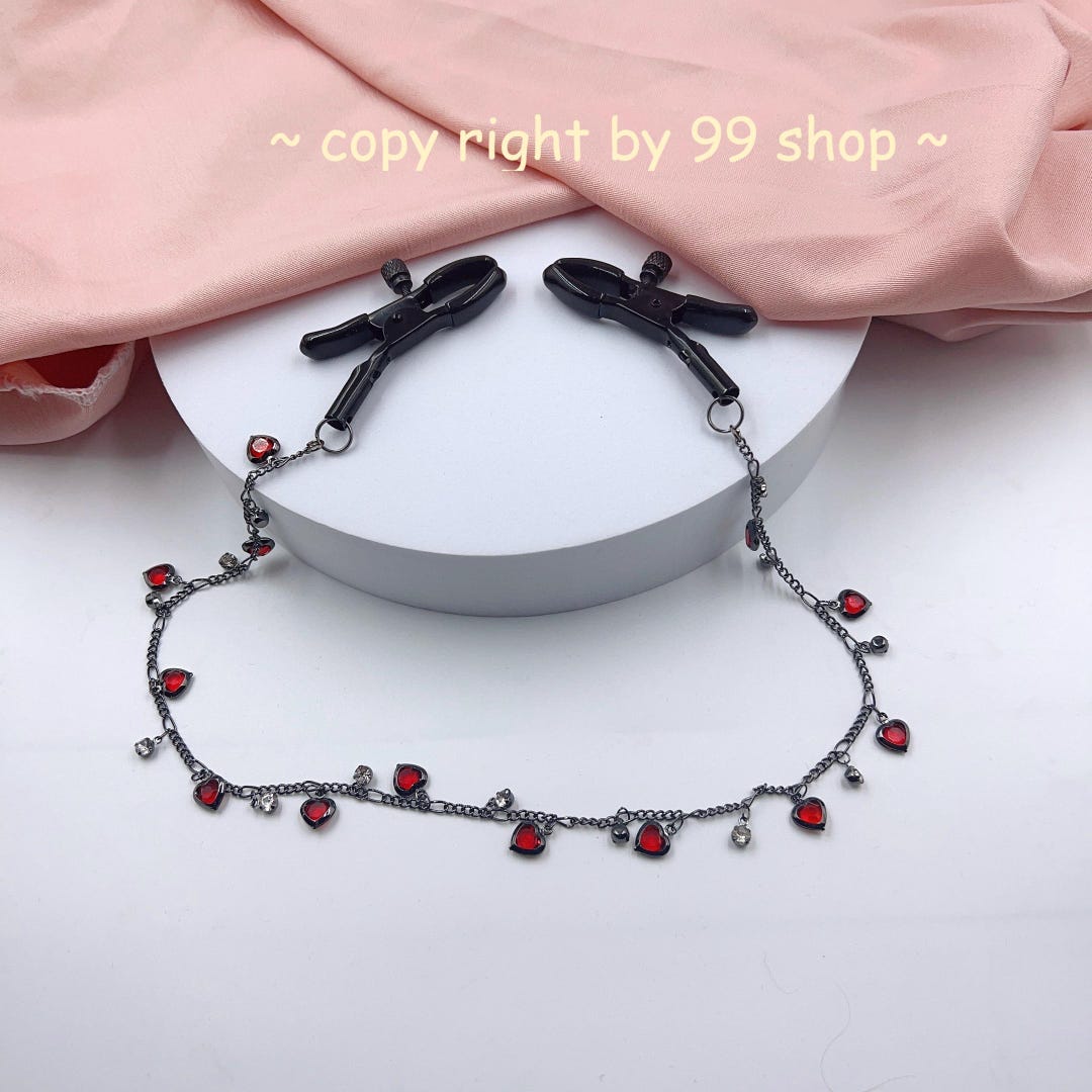 Chained Naked Nipple ClampsBlack and Red Chain/ Nipple Clip BDSM Play
