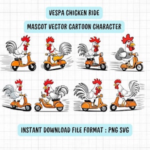 Ilustración de mascota de dibujos animados de vector de paseo en pollo Vespa de 8 caracteres: descarga instantánea de archivos PNG y SVG