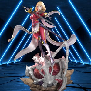 May include: A detailed figurine of a female warrior with blonde hair, clad in a red and gold uniform, holding a sword. She stands atop a stylized insectoid base with a detailed, textured design. The background features blue neon lines.