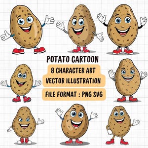じゃがいもの漫画キャラクターの面白いマスコット、8つの楽しいベクターイラスト、PNGおよびSVG形式、ステッカー、子供、工芸品用のかわいいデジタルクリップアート