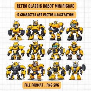 Retro Classic Robot Minifigure Vector Bundle - 12 Futuristic Character Designs - PNG & SVG Instant Download Digital Product