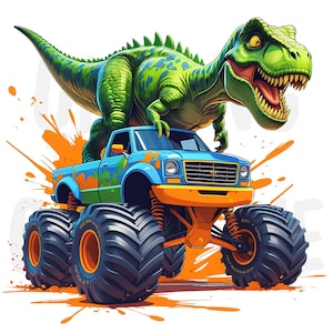 Dinosaur Monster Truck SVG, T Rex Clipart PNG, Cartoon Vector for Boys, Birthday Shirt Design, Instant Digital Download