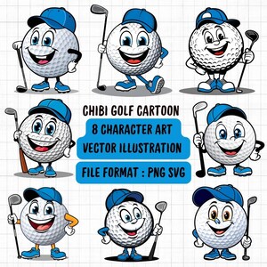 Chibi Golf Cartoon Vector Art Cartoon Mascot - 8 Playful Character Illustrations (High-Resolution PNG & SVG) - Digital Download Product