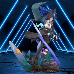 May include: A detailed figurine of a female anime character with black and white hair, fox ears, and a teal cape. She is holding a futuristic weapon and stands on a rocky base with crystal formations. The background features blue neon lights.