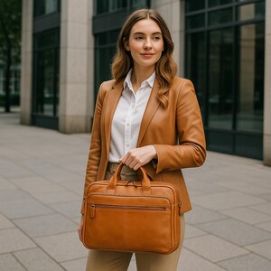May include: A brown leather briefcase with a zipper closure and a front pocket. The briefcase has a top handle and a shoulder strap.