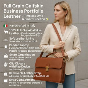 Elegante maletín para portátil con correa para el hombro / Cartera de negocios de piel de becerro de grano completo