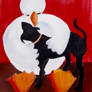 Duck with big orange feet  and black lab dog  8 x 10 print free shipping in US