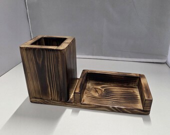 Charred Pine Desk Organiser | Pen Pot and Note Tray | Handmade