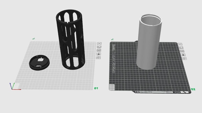 K&ouml;nnte beinhalten: Zwei 3D-gedruckte Modelle eines zylindrischen Beh&auml;lters mit Deckel. Der Beh&auml;lter links ist schwarz und hat ein Gitterdesign. Der Beh&auml;lter rechts ist grau und massiv.
