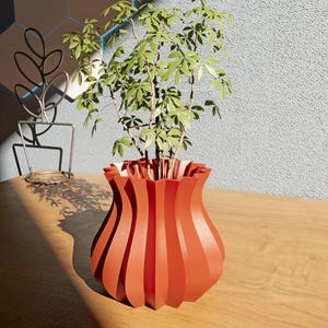Peut inclure: Un vase en céramique de couleur terre cuite avec un design unique et plissé. Le vase est rempli d'une petite plante verte aux feuilles luxuriantes.