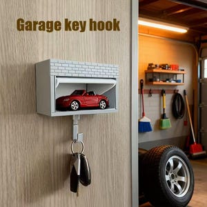 Może przedstawiać: Nowatorski haczyk na klucze do garażu z napisem "Garage key hook". Haczyk zaprojektowano jako miniaturowy garaż, wraz z czerwonym samochodzikiem w środku. Klucze wiszą na haczyku poniżej.