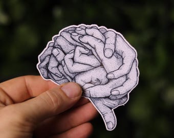 Interlocking Hands Brain Sticker — Fine Line Stipple Art, Surreal Psychology Decal, Vinyl Laptop Sticker