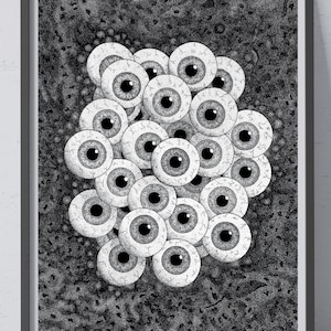 May include: Black and white artwork featuring a cluster of detailed eyeballs. Each eye has a gray iris and a black pupil, with intricate vein-like patterns. The background is a textured, speckled pattern, creating a surreal and slightly unsettling visual.