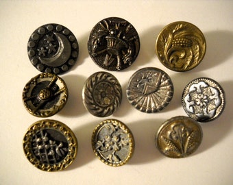Antique Lot of 10 Metal Picture Buttons ~ Features the Moon, Flowers & Designs