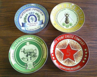 Pottery Barn Vintage Label Cheese Plates Set of 4 w/box Camembert Brie Assorted