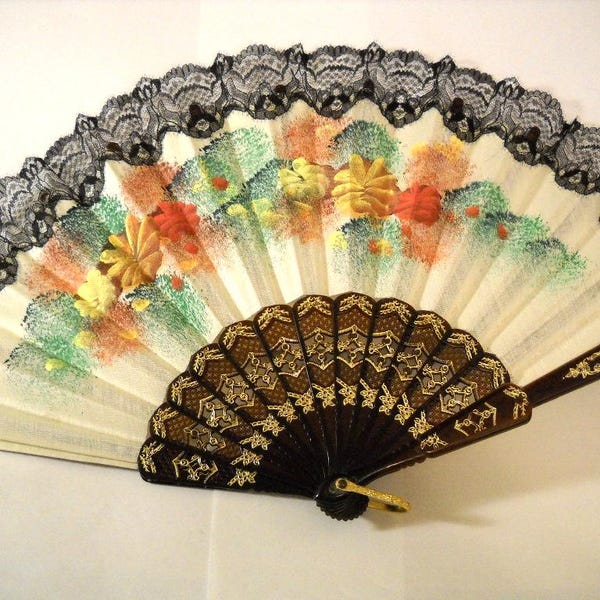 Vintage Ladies Souvenir Folding Fan Silk with Black Lace & Floral Design 10"