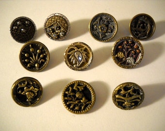 Antique Lot of 10 Metal Picture Buttons ~ Features Flowers, Cherries & Designs