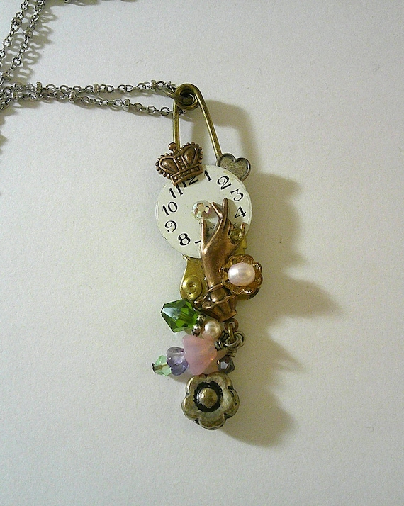 Vintage Clock Face w/Hand Steampunk Altered Art Pendant Necklace