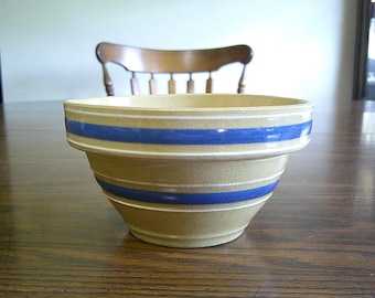 Antique Watt Blue Banded Stoneware Bowl Mocha Ware Yellow Ware Mixing Bowl Primitive