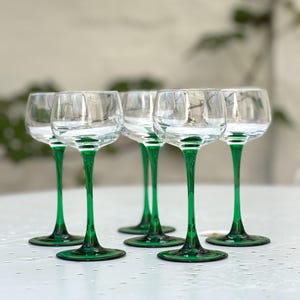 6 transparent green stemmed glasses, vintage table decoration, French glassware, blown glass, country tableware, gift, Luminarc