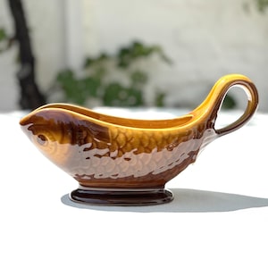 Magnificent vintage sauce boat - fish service in brown enameled ceramic Moulin des Loups - 70s - fish tableware - earthenware carp
