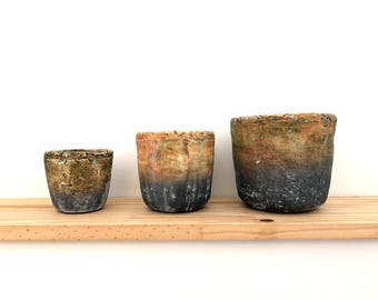 3 Aged terracotta plant pots, imitation aged terracotta, rustic terracotta, textured terracotta, wabi sabi, serax
