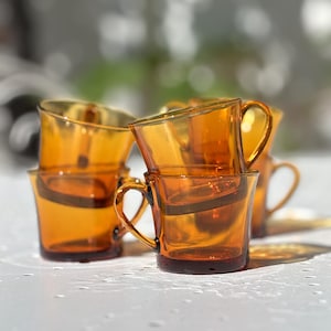 Set of 6 vintage Duralex espresso coffee cups, amber glass - 70s, seventies table decoration