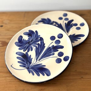 May include: Two white ceramic plates with blue floral designs. The plates have a simple, hand-painted style with blue flowers and leaves.