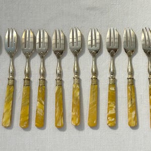 May include: Set of ten silver forks with yellow amber handles. The forks have a decorative design on the tines and a simple, elegant handle.