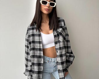 Plaid Shirt for Women – Cotton or Flannel | Oversized Button-Up Blouse | Casual Summer Top | Black or Red Checkered Shirt