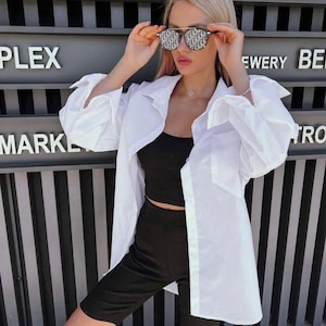 White Cotton Button Down Shirt Women | Oversized Long Sleeve Blouse | 100% Cotton Classic White Shirt S-M, L-XL Casual or Office Wear