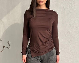 Asymmetrical Cotton Long Sleeve Top for Women | Brown & Black Slim Fit Shirt | Soft Stretchy Knit | Casual Everyday Basic