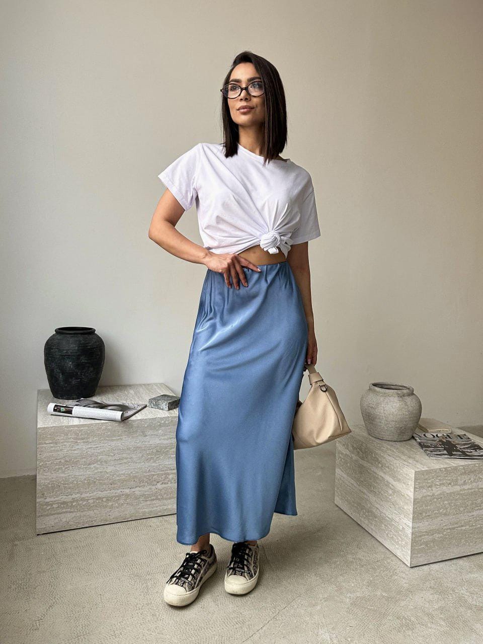 Sky Blue Silk Midi Skirt: High Waist Flowy Summer Skirt