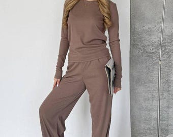 Chocolate Ribbed Knit Lounge Set: Long Sleeve Top & Wide Pants - Etsy